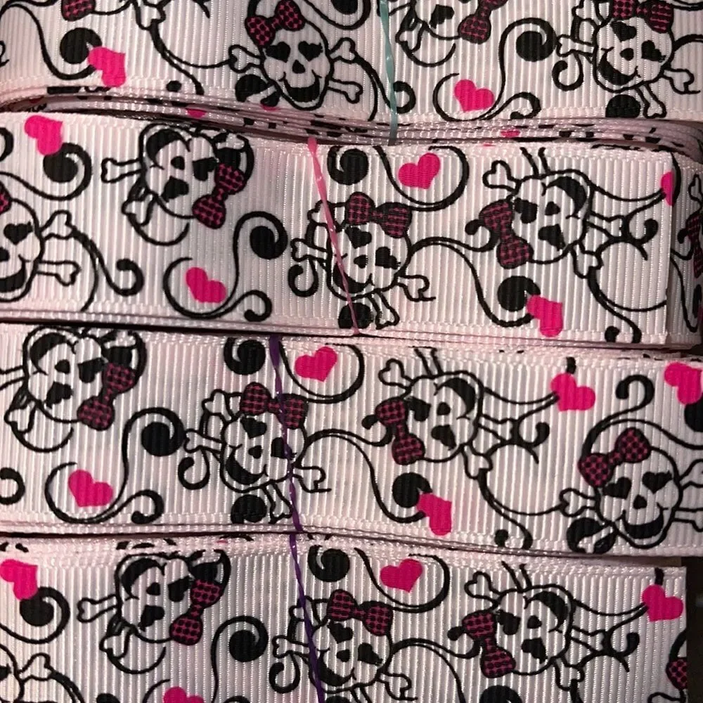 grosgrain Ribbon 7/8” NEW 5 yards beauty skulls checkers hot pink bow scrolls